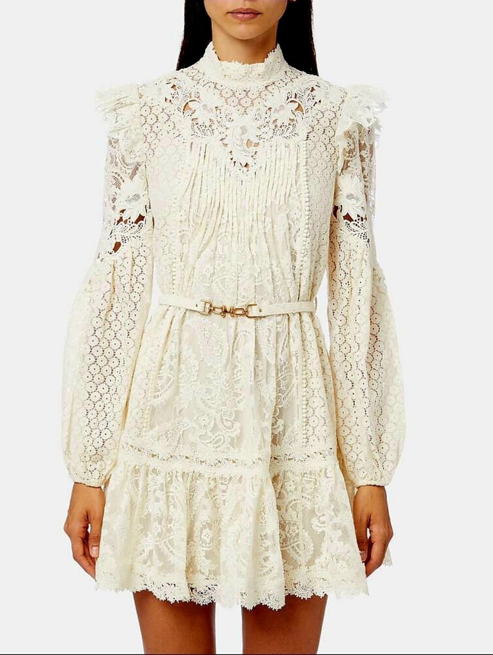 ZIMMERMANN Concert Long Sleeve Textured Lace Mini Dress Cream 1 US 4-6 Org $895